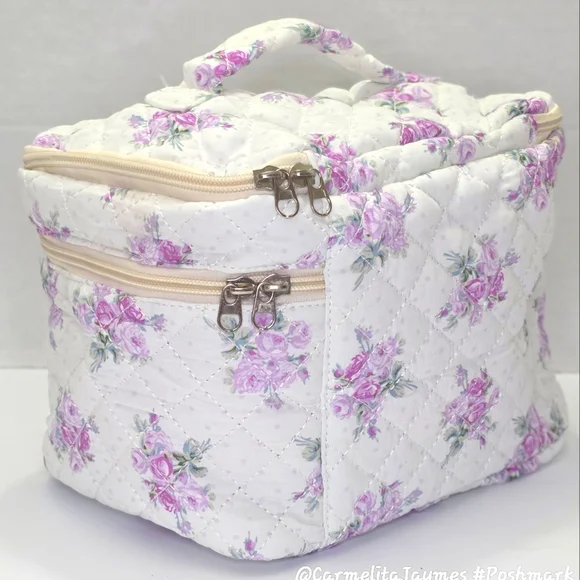 Floral Quilted 👝 3 pc XL Cosmetic Bag Set Travel Toiletry Makeup Organizer NWT - Picture 8 of 15